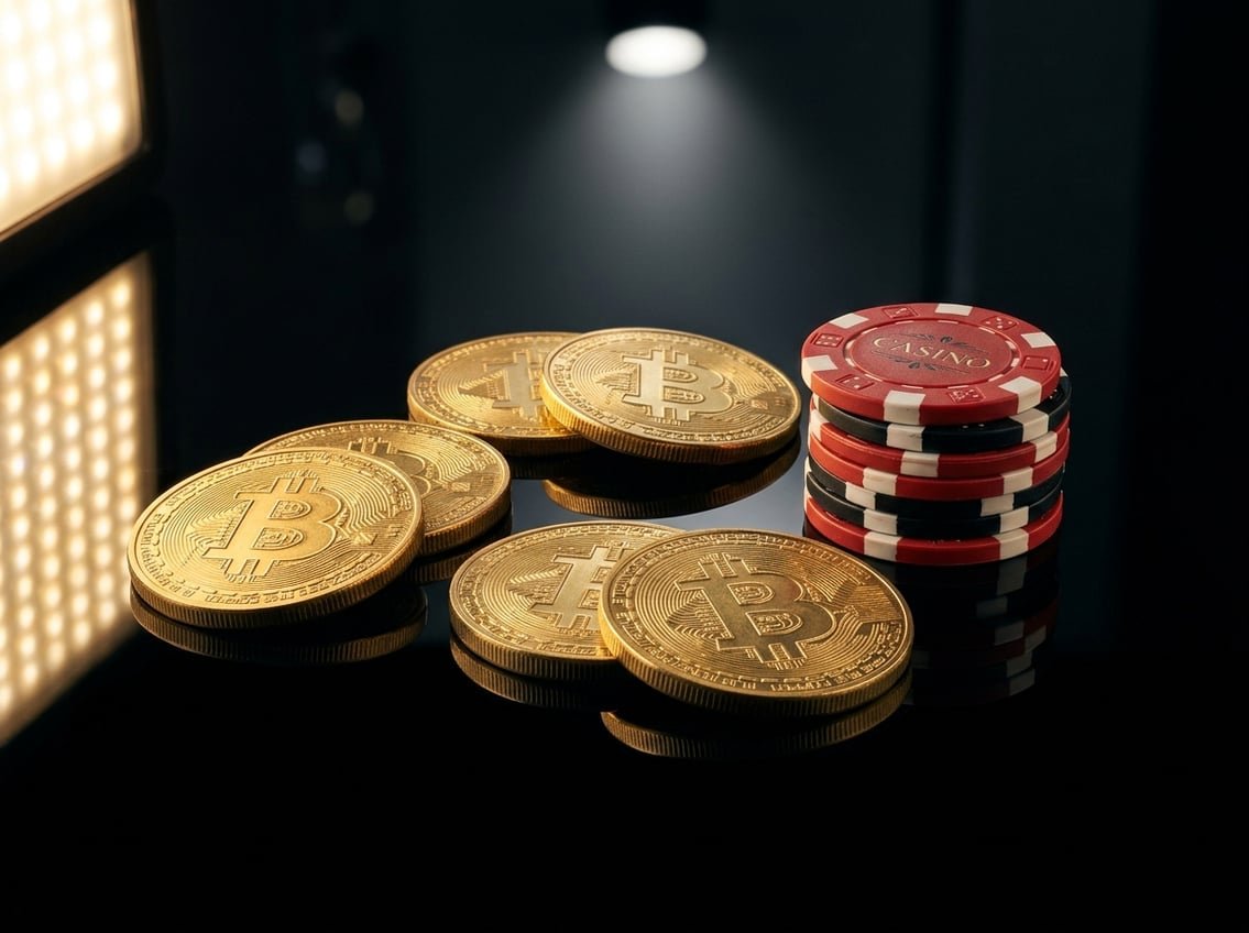 Bitcoin coins on dark surface with red and black casino chips